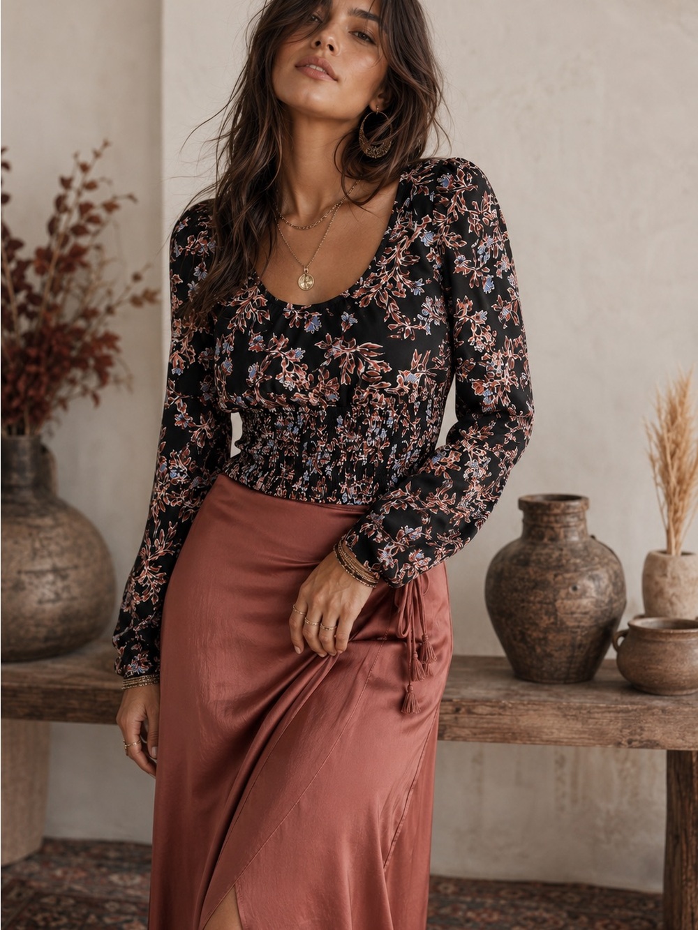 Free People Floral Smocked Crop Boho Blouse Dark Romantic Small